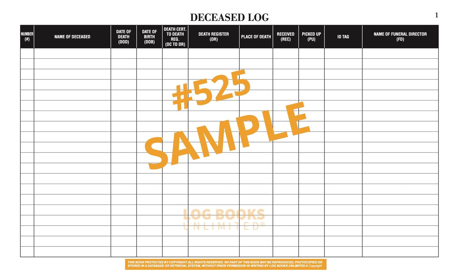 A sample deceased log template with columns for name, date of death, place of death, and funeral director details
